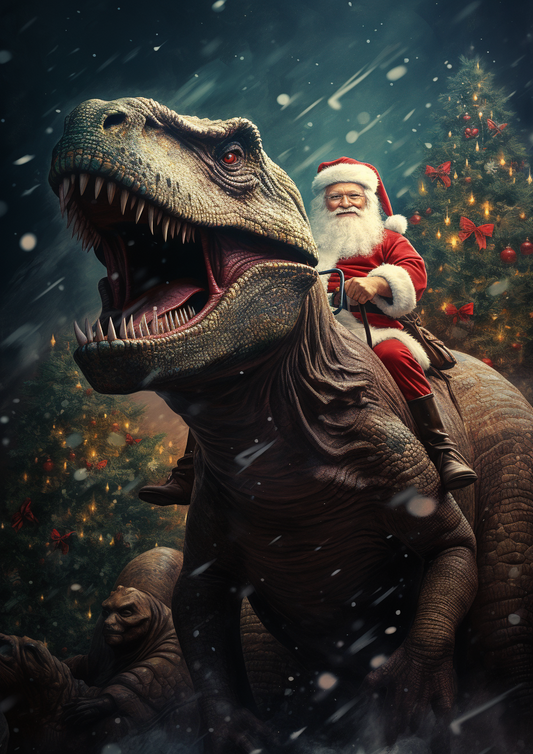 Santa Riding a T-Rex